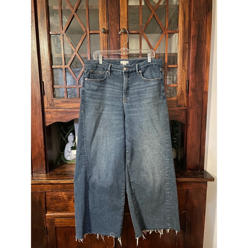 GOOD AMERICAN‎ Wide Leg Palazzo Crop Jeans Indigo Distressed Frayed Hem Size 15